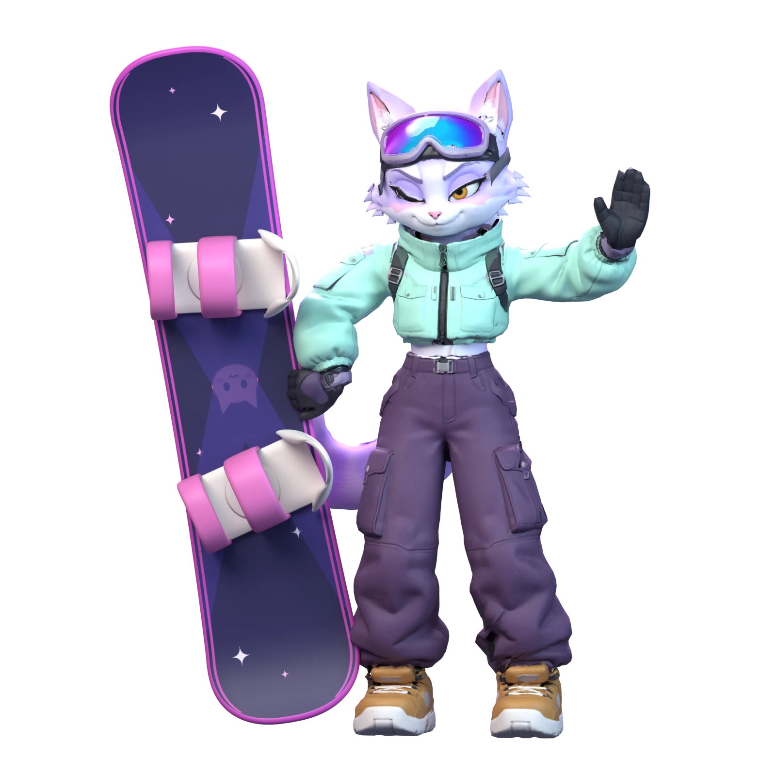 Minou, avec sa planche, dans Zoo Peaks : Riders.